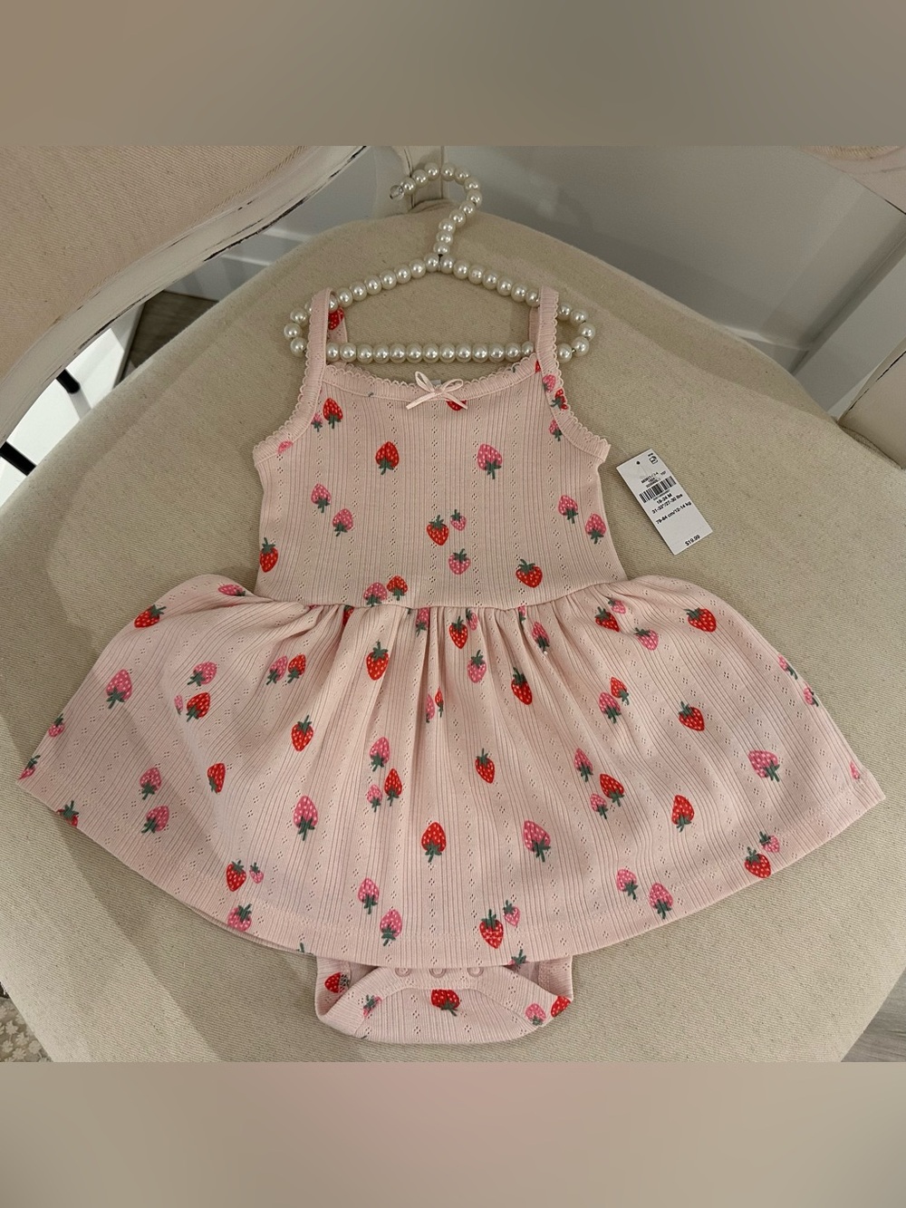 🍓 12~18 Mth Pink Strawberry Print Pointelle Knit Baby Dress Onesie With bow NWT
